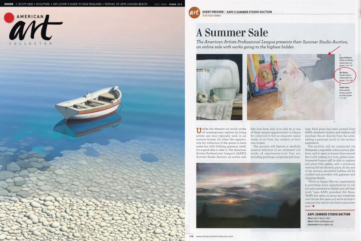 American Art Collector-July 2023 Issue
 
“Studio Visitor” was chosen for the editorial preview about the American Artists Professional League’s Summer Studio Auction.