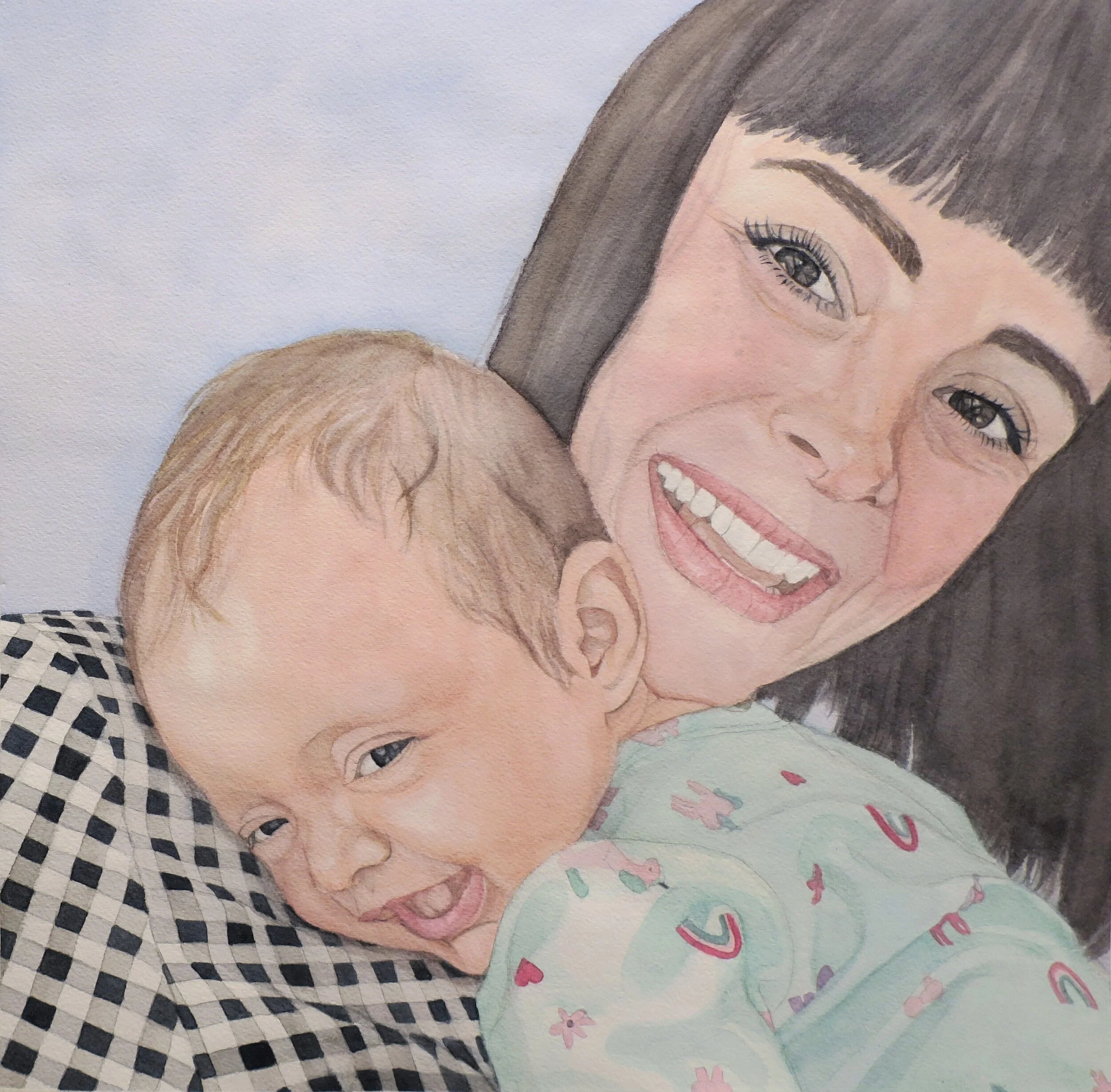 A watercolor painting of two women with dark and light brown hair, smiling and looking at each other, featuring detailed facial features and colorful background.