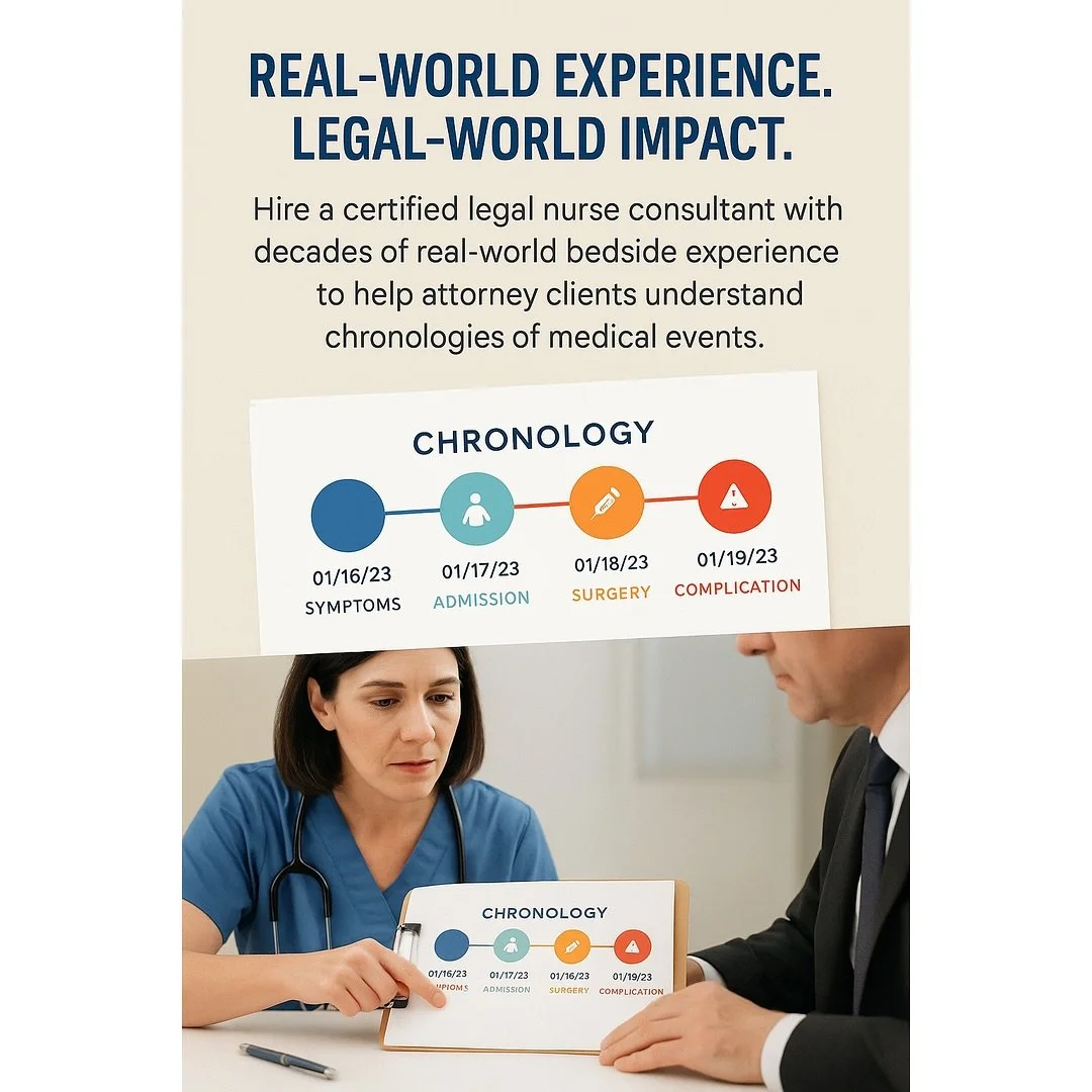 🩺 Real-World Experience. Legal-World Impact. ⚖️

When it comes to legal cases involving medical components&mdash;every second, every symptom, and every shift matters.

A Certified Legal Nurse Consultant (CLNC) with decades of real bedside experience