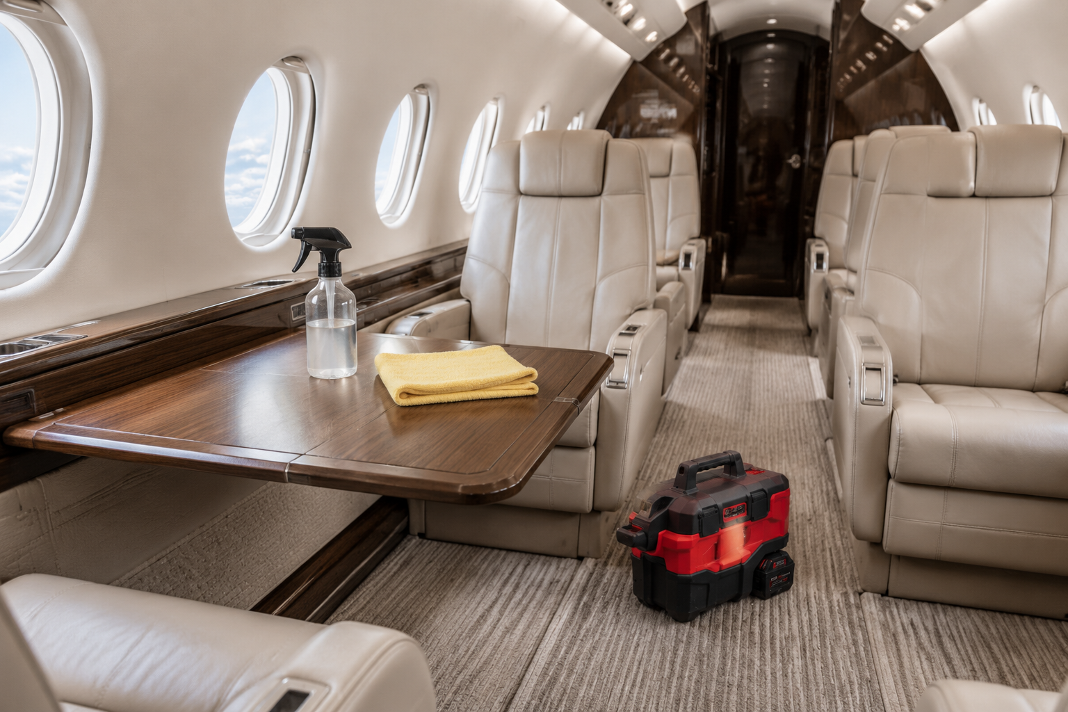 Private aircraft interior detailng with cleaning supplies and microfiber cloth inside the cabin.