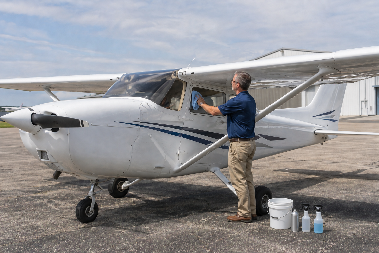 Aircraft detailer cleaning the windshield of a private aircraft on an airport ramp.
