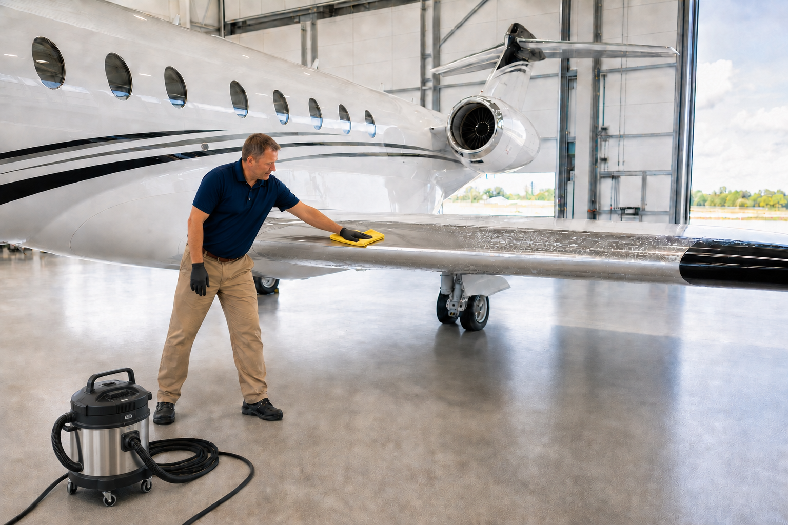 Aircraft detailer cleaning the wing of a private jet inside an aircraft hangar.