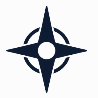A navy blue compass rose symbol with four main points and a circular ring around the middle.