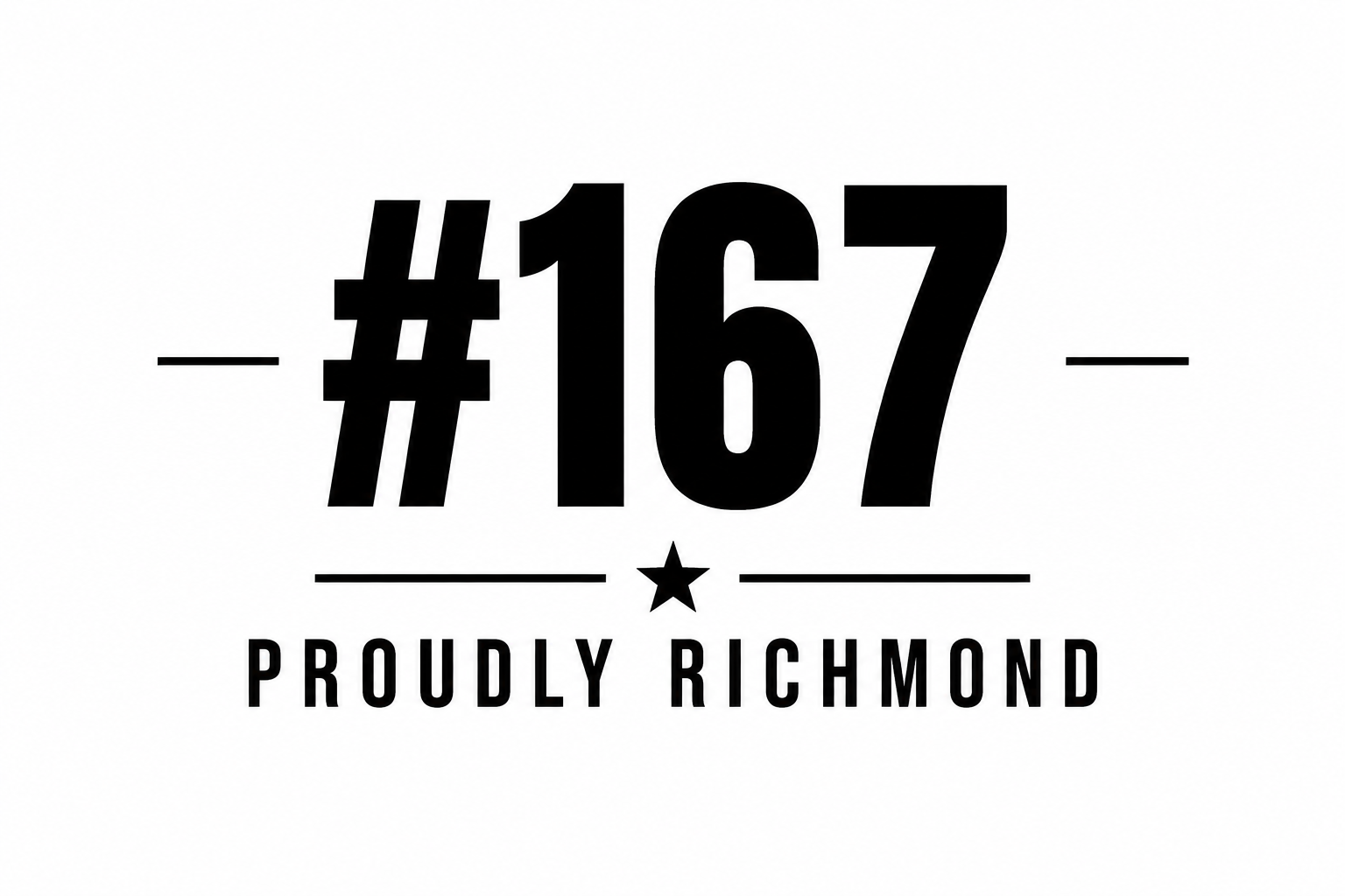 Design featuring the number 167 with lines on each side, a star below, and the text "PROUDLY RICHMOND" underneath in black on a white background.