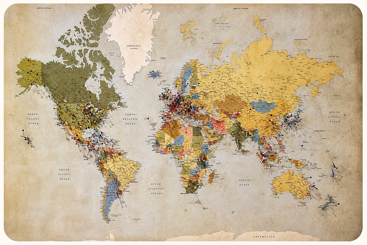 A vintage style world map with colored countries, showing numerous location markers and lines connecting various points across continents.