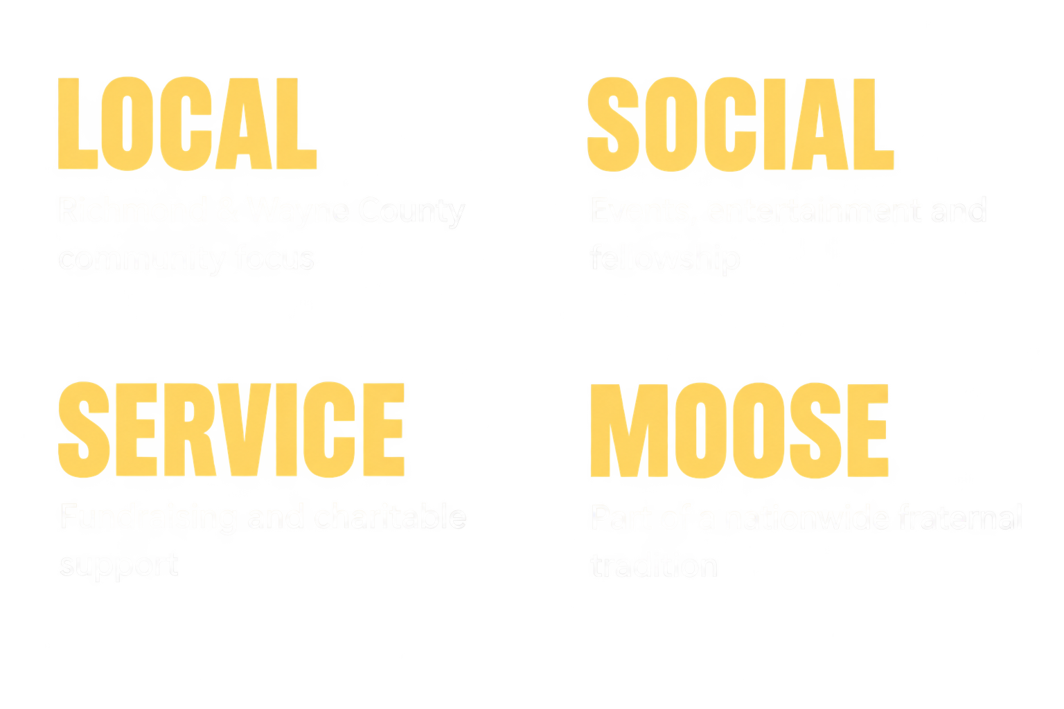A graphic showing the organization of Moose Lodge in three sections: Local, Service, and Social. The Local section emphasizes community focus in Richmond and Wayne County. The Service section highlights fundraising, charitable support, and being part of a nationwide fraternal tradition. The Social section mentions events, entertainment, and fellowship.