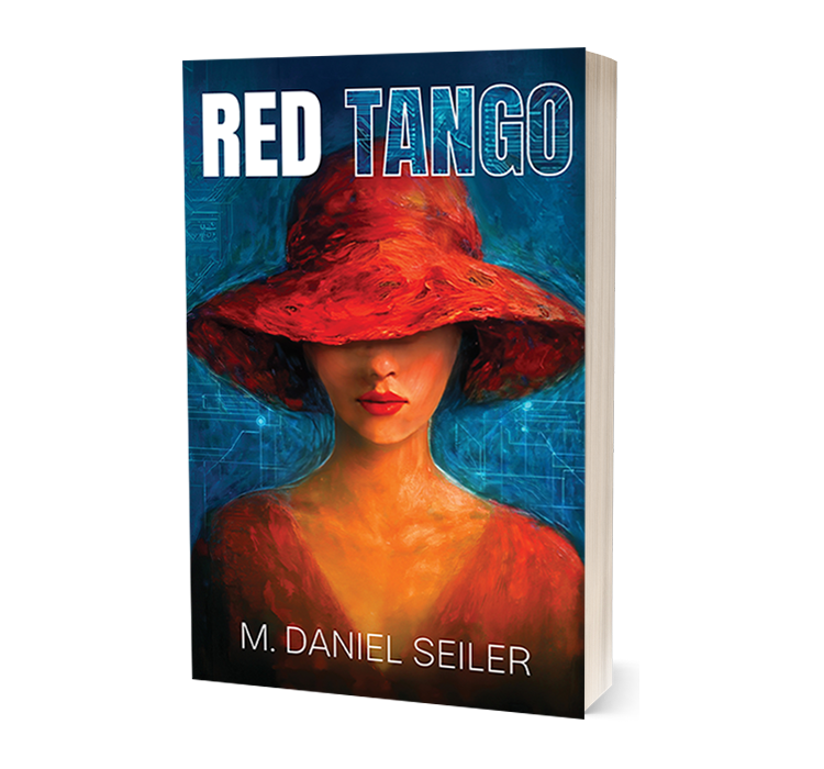 Book cover for 'Red Tango' by M. Daniel Seiler featuring an illustrated woman with red lipstick and a large red hat, against a blue digital-themed background.