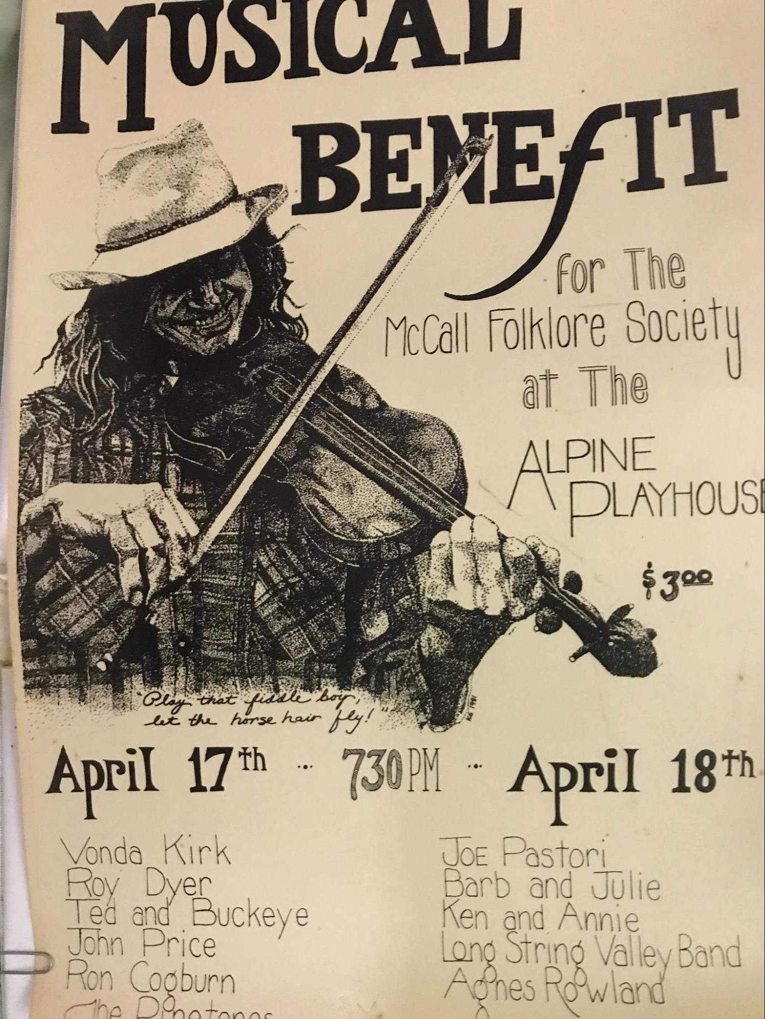 Poster for a musical benefit event featuring a black-and-white illustration of a person playing the violin, wearing a hat and plaid shirt, with event details such as dates, times, and names of performers.
