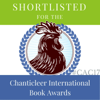 Graphic design with green, blue, and white background, featuring a rooster illustration surrounded by a laurel wreath, and text about the Chanticleer International Book Awards.