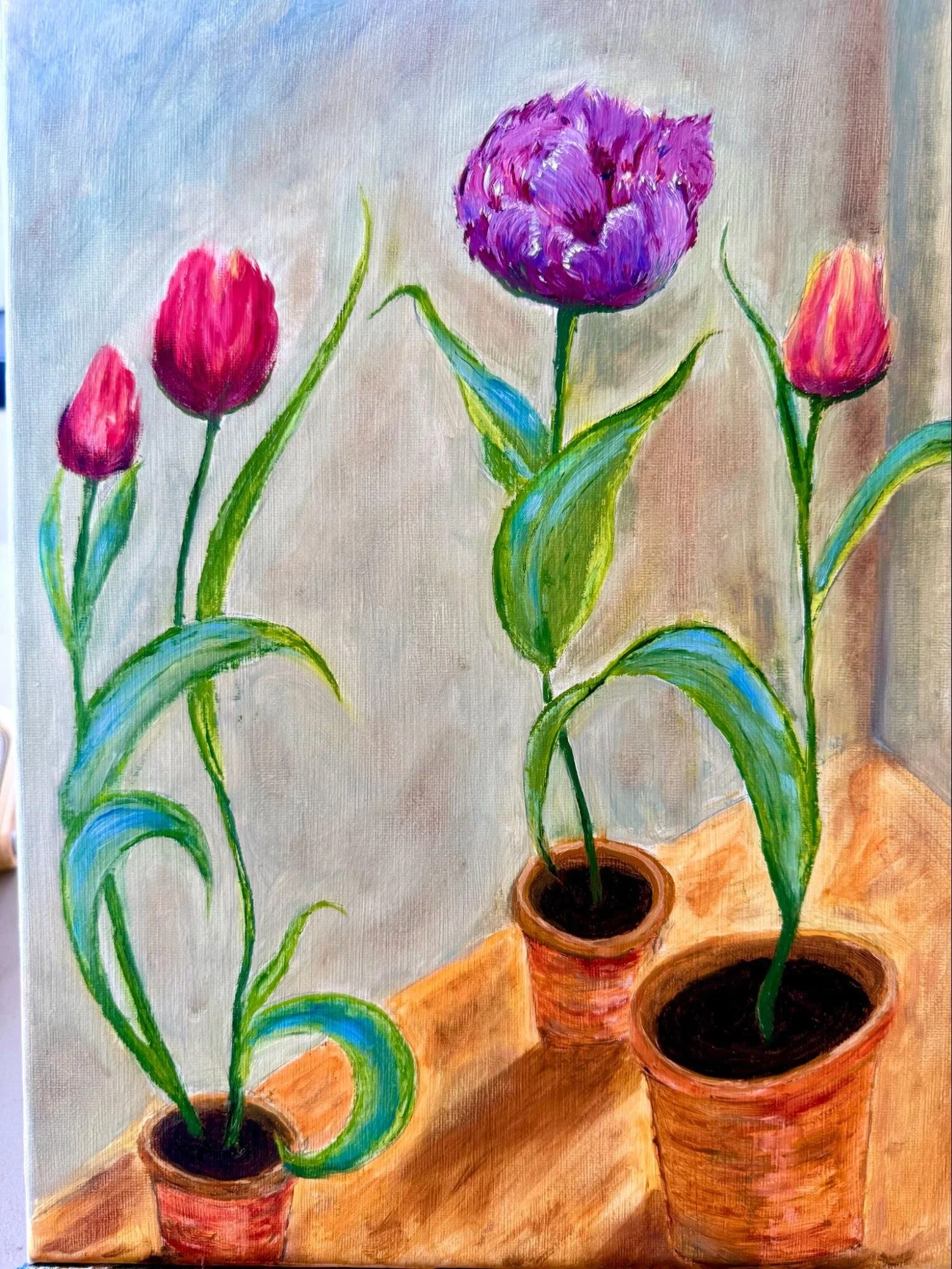 A colorful painting of five potted tulips on a wooden surface, with one large purple tulip and four smaller pink tulips.