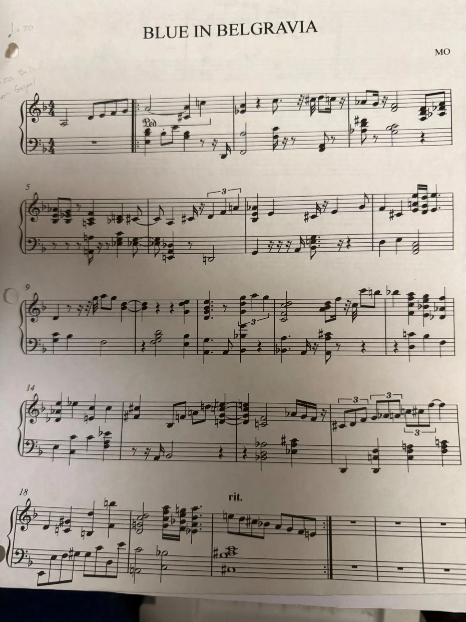 Sheet music titled 'Blue in Belgravia' with handwritten notes on the left margin.