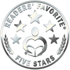 A circular badge with the text 'Readers' Favorite Five Stars' and a central image of an open book with a heart. Stars are surrounding the text and image.