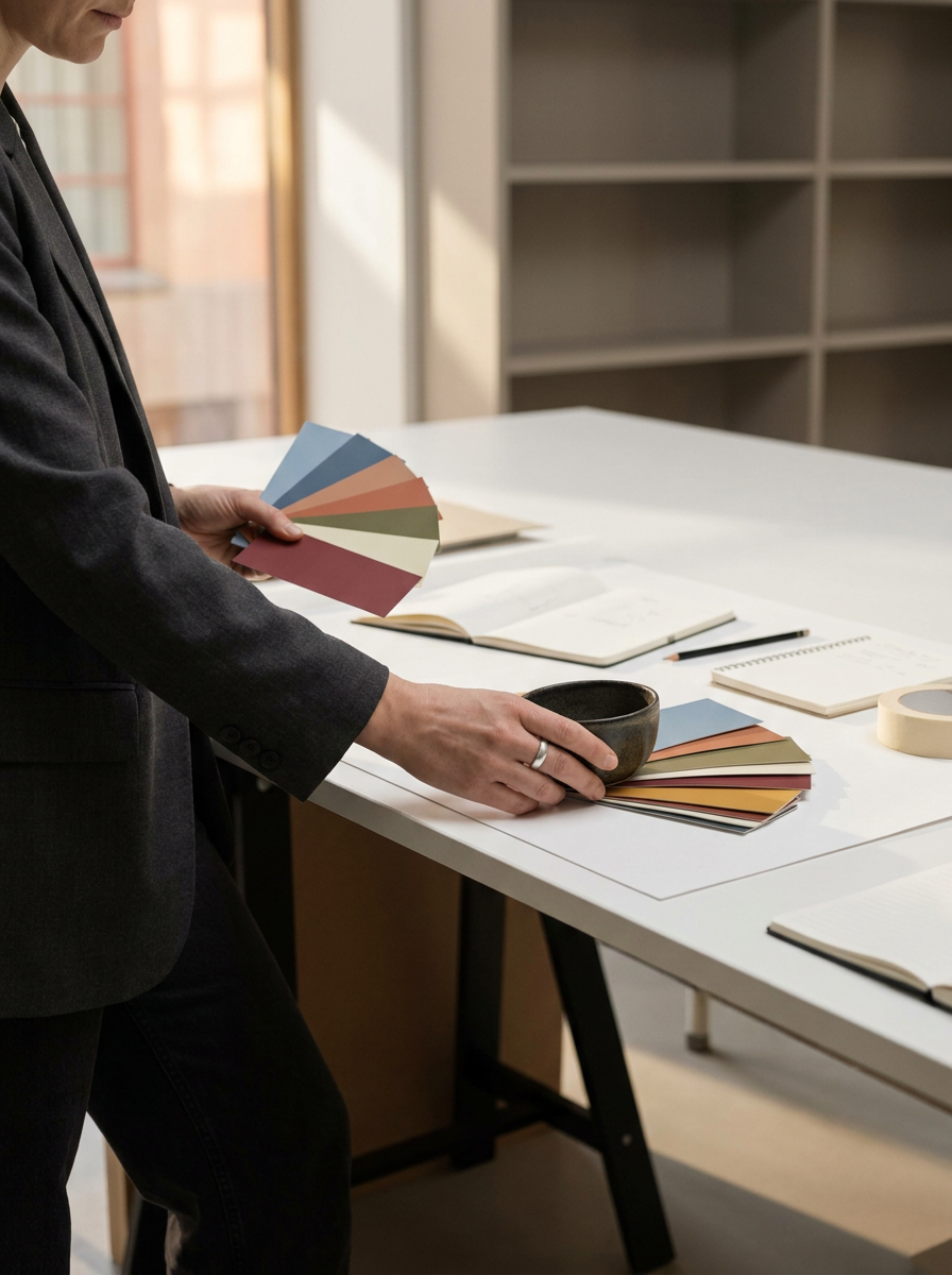 Person in a dark suit holding color swatches and a bowl while working at a white table with notebooks and paper samples.