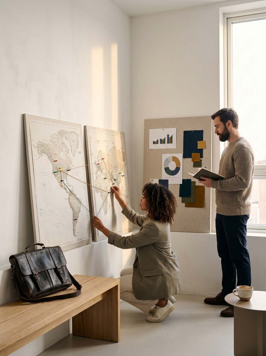 A woman kneeling and a man standing in a bright office, examining world maps on the wall. The woman pinpoints locations with string connections on the map, while the man documents with a notebook. There is a wooden desk with a leather bag and a cup nearby, and a bulletin board with charts and fabric swatches on the wall.