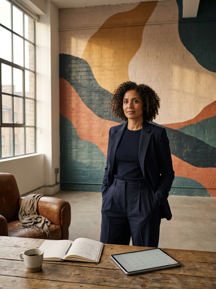 A woman in a navy suit standing with her hands in her pockets in a modern office space, with a multicolored abstract mural on the brick wall behind her. There is a wooden table with a cup, a notebook, and a tablet in front of her, and a leather sofa with a blanket on it near a large window.