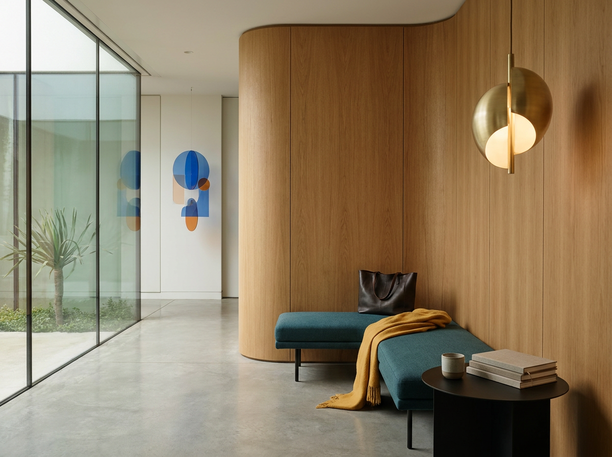 Modern interior space with wood-paneled wall, blue cushioned seating, a yellow throw blanket, a black side table with books and a mug, a decorative wall sconce, large floor-to-ceiling glass windows, and abstract wall art featuring blue and orange shapes.
