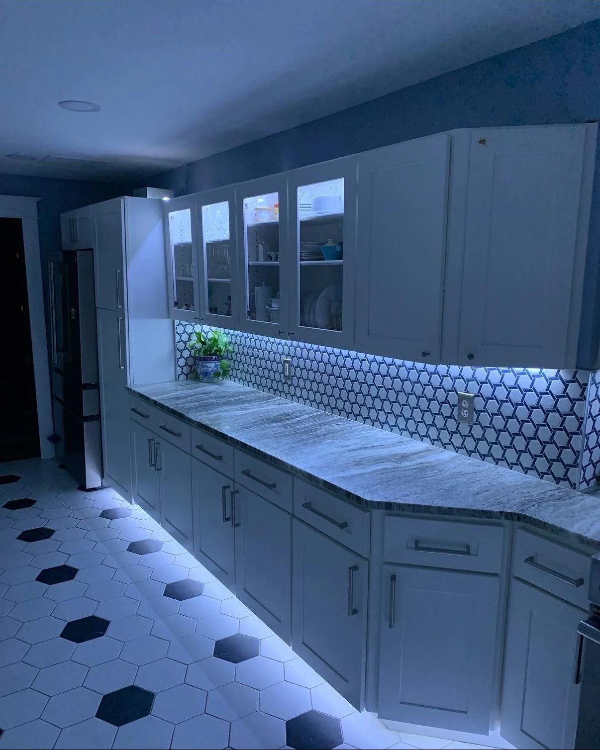 Kitchen with white cabinets, black and white hexagon tile floor, and under-cabinet lighting. Glass-front upper cabinets, a counter with a potted plant, and a patterned backsplash.