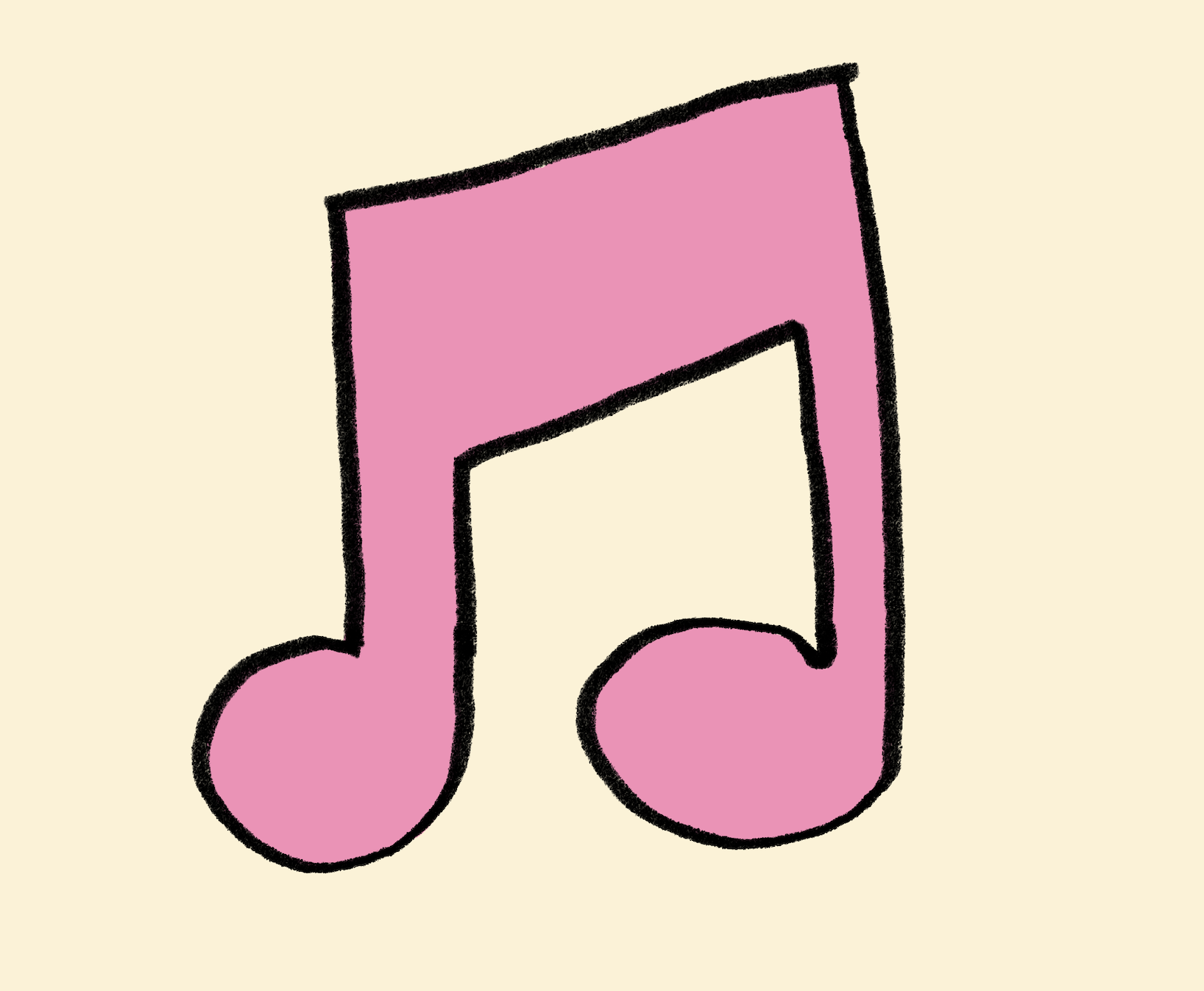 A pink musical note illustration with a black outline against a light yellow background.