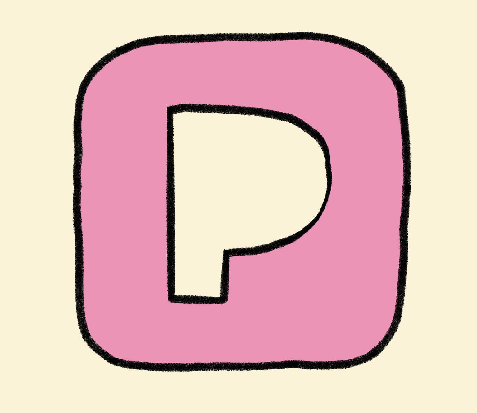 A pink square icon with a white capital letter P outlined in black.