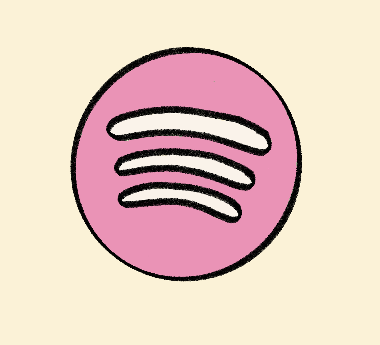 Pink circle with black outline and white stylized Spotify logo inside, on pale yellow background.