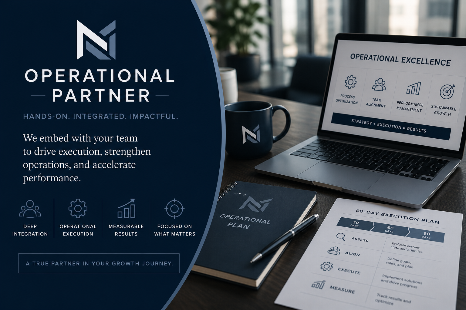 A promotional image for an operational partner, featuring a laptop displaying a strategy and execution slide, a notebook labeled 'Operational Plan', a coffee mug with a logo, and a printed 90-day execution plan on a wooden desk.