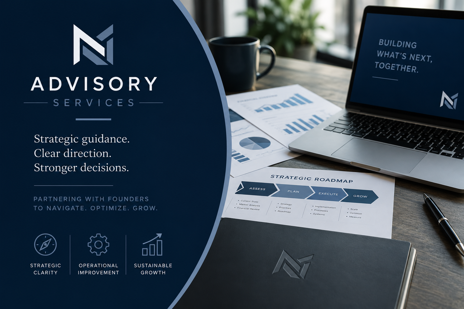 Marketing infographic for advisory services highlighting strategic guidance, clear direction, and stronger decisions, with documents, graph charts, and a laptop on a workspace desk.