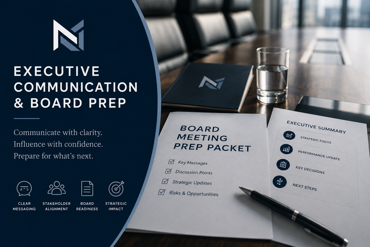 A conference room table with a glass of water, a closed notebook, a printed board meeting prep packet, and a pen. The packet contains key messages, discussion points, strategic updates, and risks and opportunities. The background shows black chairs and a window. The left side of the image has a dark blue overlay with the text "Executive Communication & Board Prep" and icons representing messaging, stakeholder alignment, board readiness, and strategic impact.