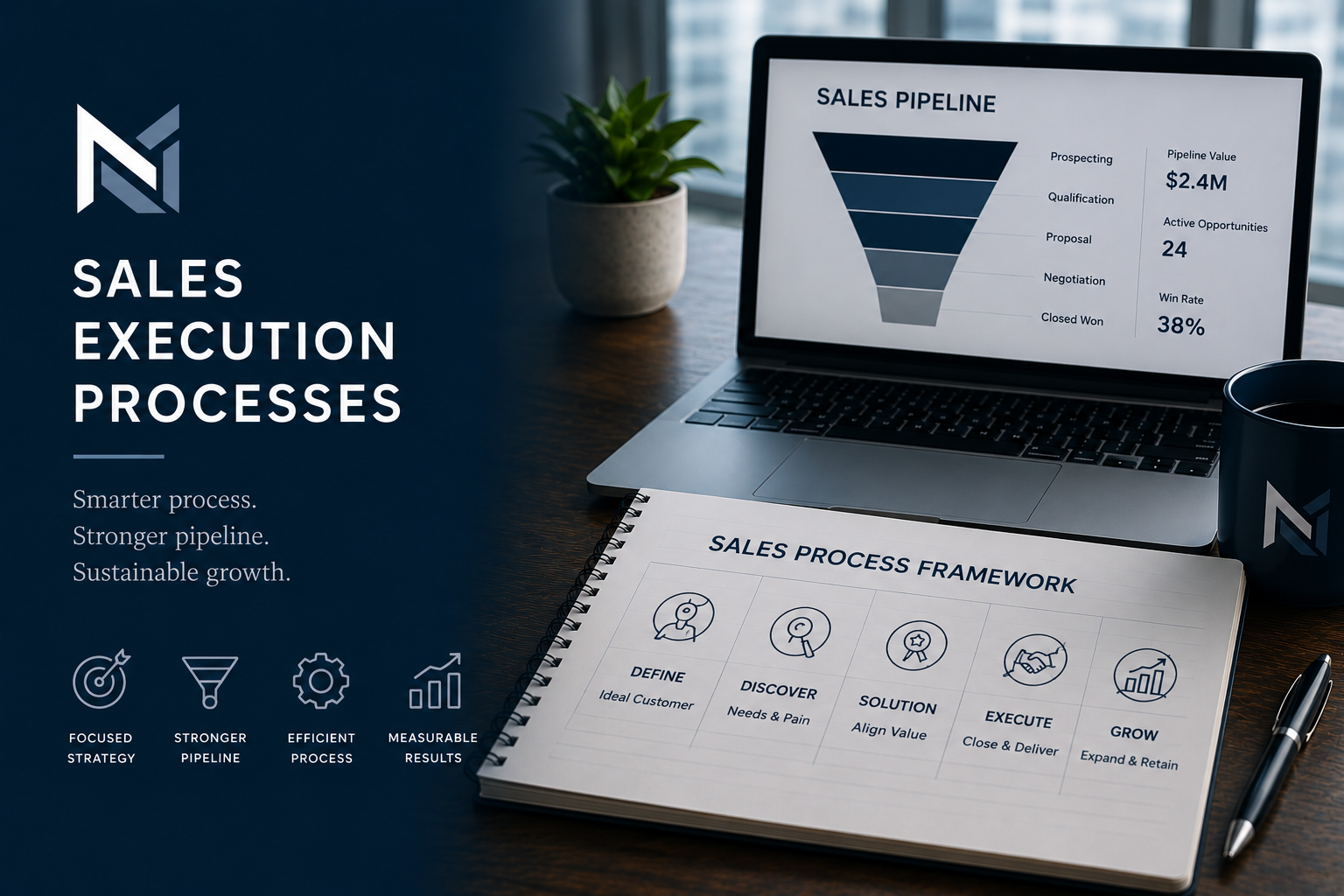 A workspace with a laptop displaying a sales pipeline chart, a notebook titled "Sales Process Framework" with icons and steps, a pen, a cup with a logo, and a potted plant on a wooden desk. The overlay text promotes sales execution processes.