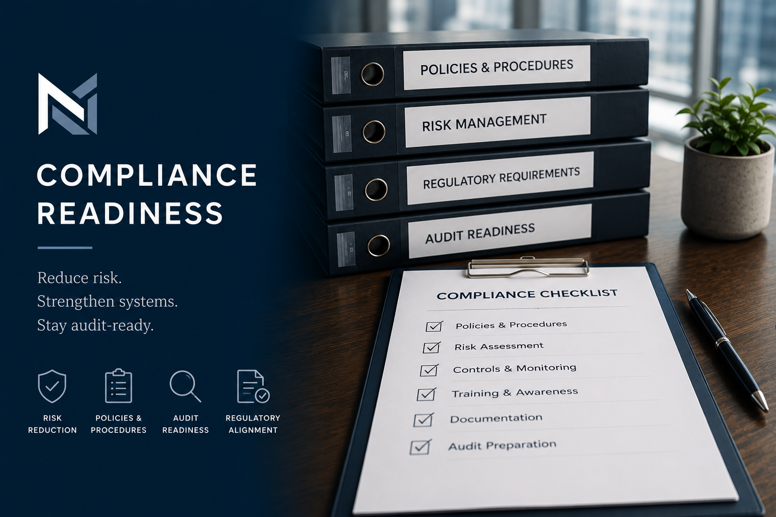Office desk with stacked binders labeled Policies & Procedures, Risk Management, Regulatory Requirements, Audit Readiness; compliance checklist on clipboard; pen; potted plant; text on left promoting compliance readiness for risk reduction, system strengthening, audit preparedness.