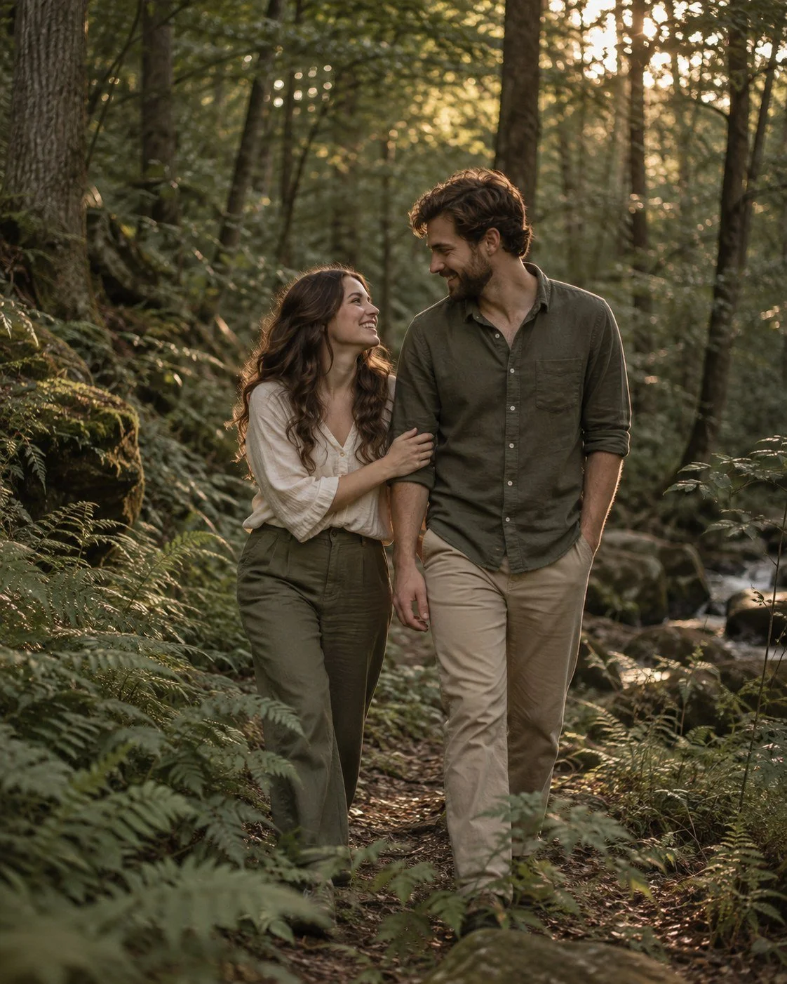 AI-generated session inspiration: a couple walking together on a warm woodland trail.