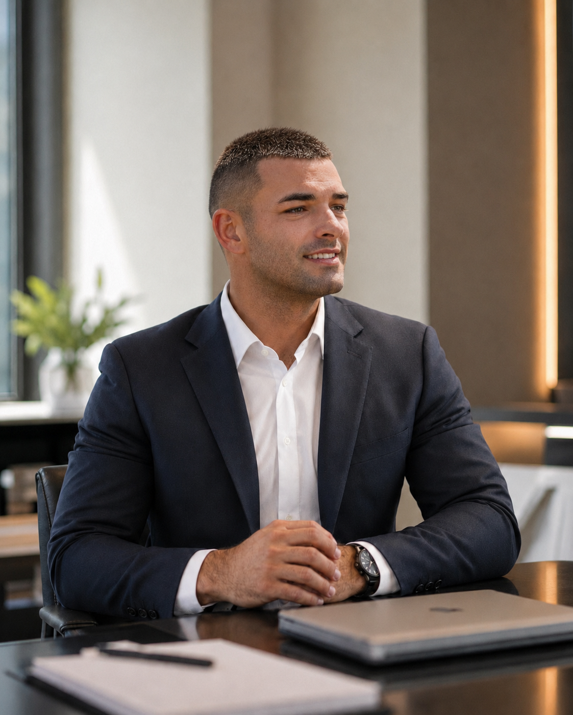 A young man in a business suit sitting at a desk in a modern office, smiling and looking to the side.