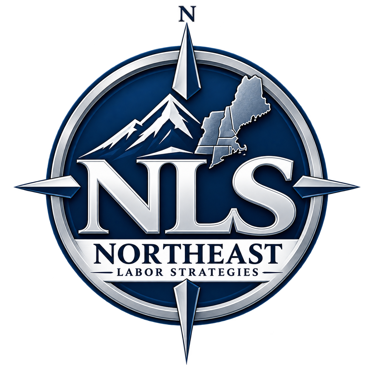 A circular emblem with a blue background features a compass rose and the words 'NLS Northeast Labor Strategies.' It includes a mountain range, a map of the northeastern United States, and a decorative border.