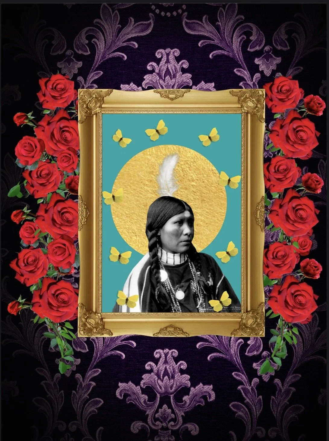 A framed black and white portrait of a Native American woman with braided hair, adorned with jewelry and a feather, surrounded by a pattern of red roses, yellow butterflies, and a golden background with purple and black decorative wallpaper.