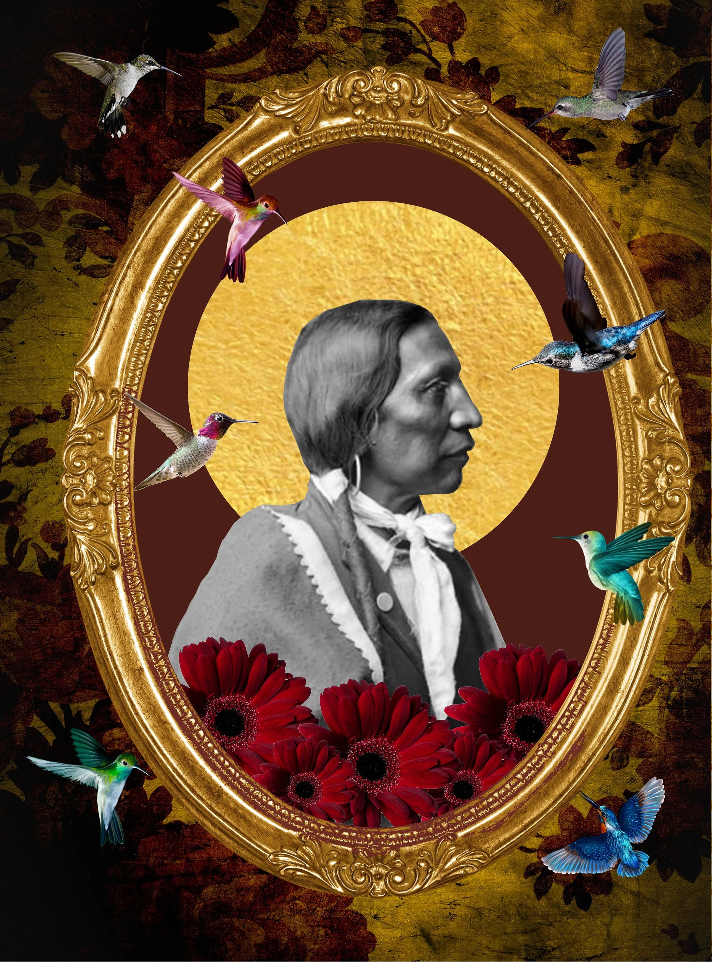 Black and white photograph of a woman with gray hair in profile, dressed in historical clothing, framed by a gold ornate border with red flowers and colorful hummingbirds surrounding the frame.