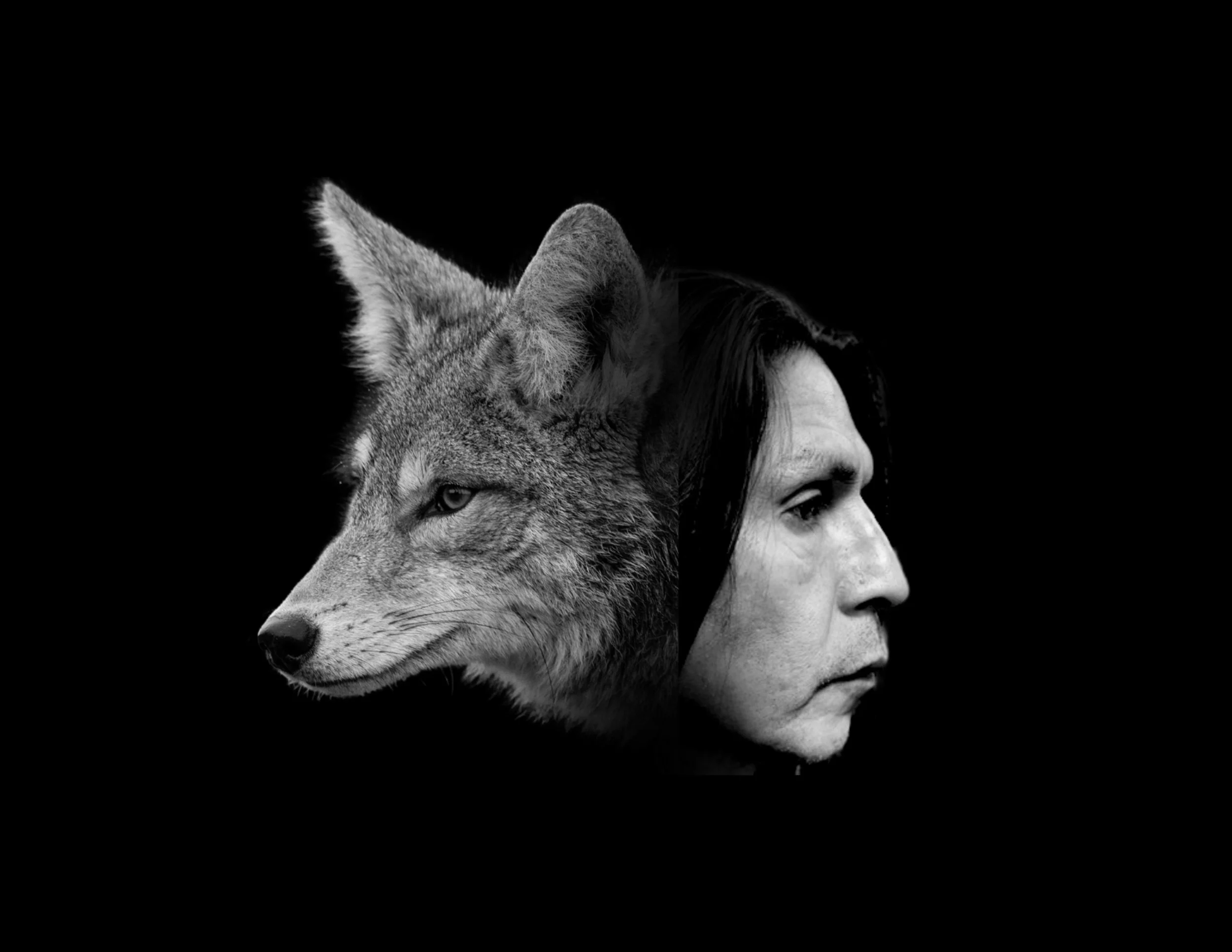 A black and white image showing a woman’s profile and a wolf’s face merged together with the woman’s face blending into the wolf’s head.