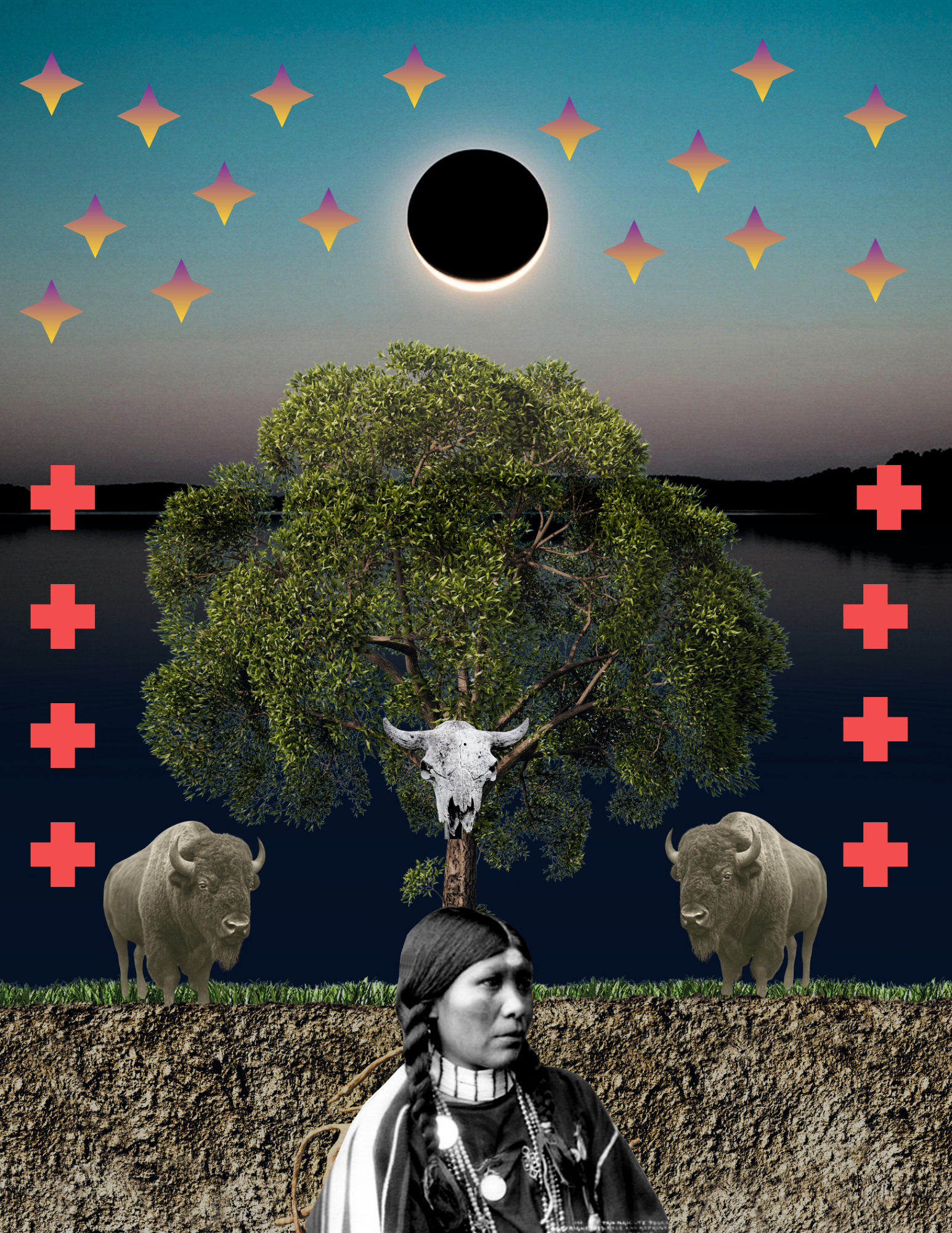 Digital collage featuring a solar eclipse with a black circle and a glowing ring in the sky, surrounded by star shapes. A large green tree with a cow skull as a face is at the center; two bison are on either side below. The foreground shows a woman with traditional Indigenous attire and braids. Red crosses are along the sides of the image.