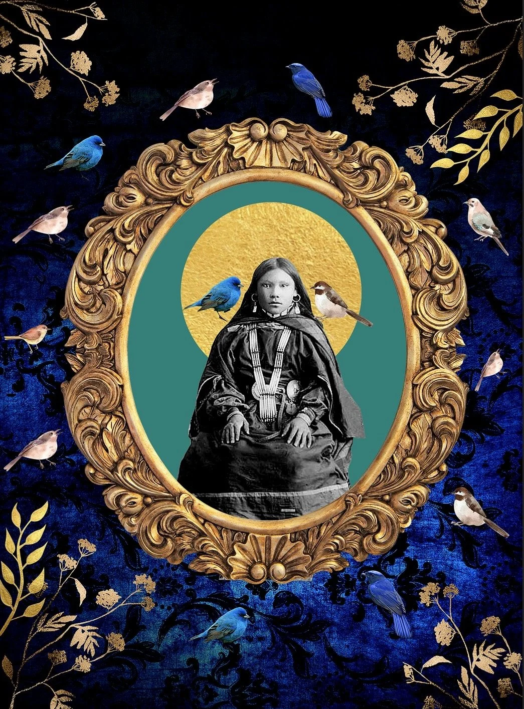 A vintage photograph of a young girl in traditional clothing, framed by an ornate gold frame, surrounded by various birds flying against a dark blue and gold floral background.