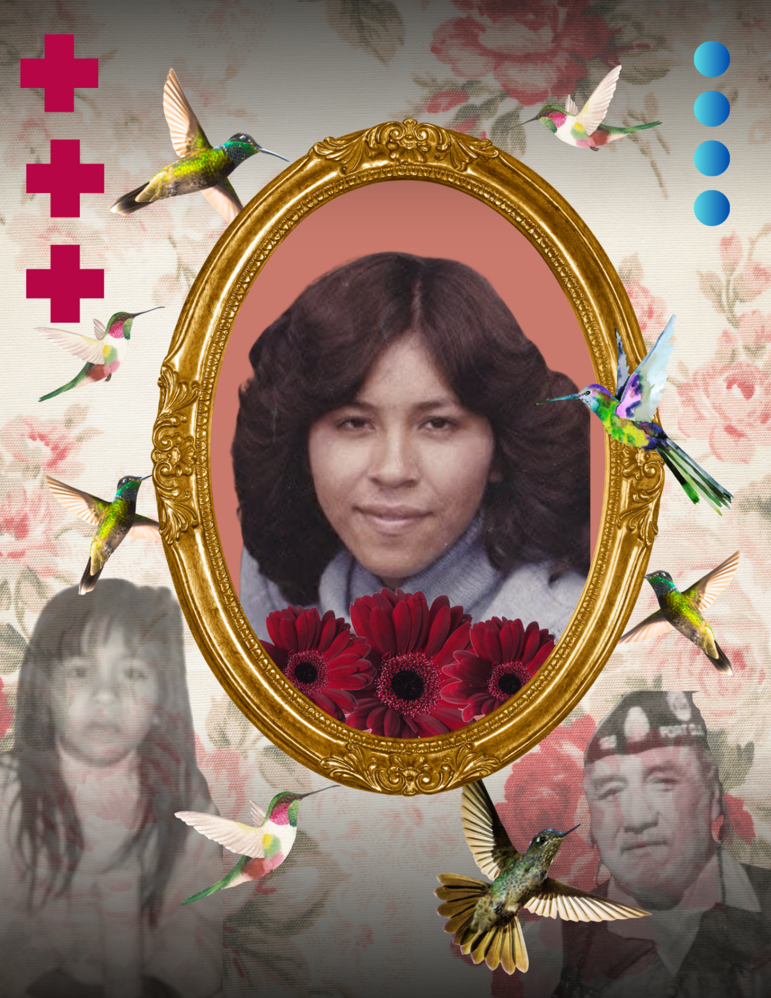 A woman with dark brown, voluminous hair posing inside an ornate gold-framed mirror. Surrounding the mirror are colorful hummingbirds flying in front of a floral wallpaper background with pink and beige tones. Red flowers are at the bottom of the mirror.