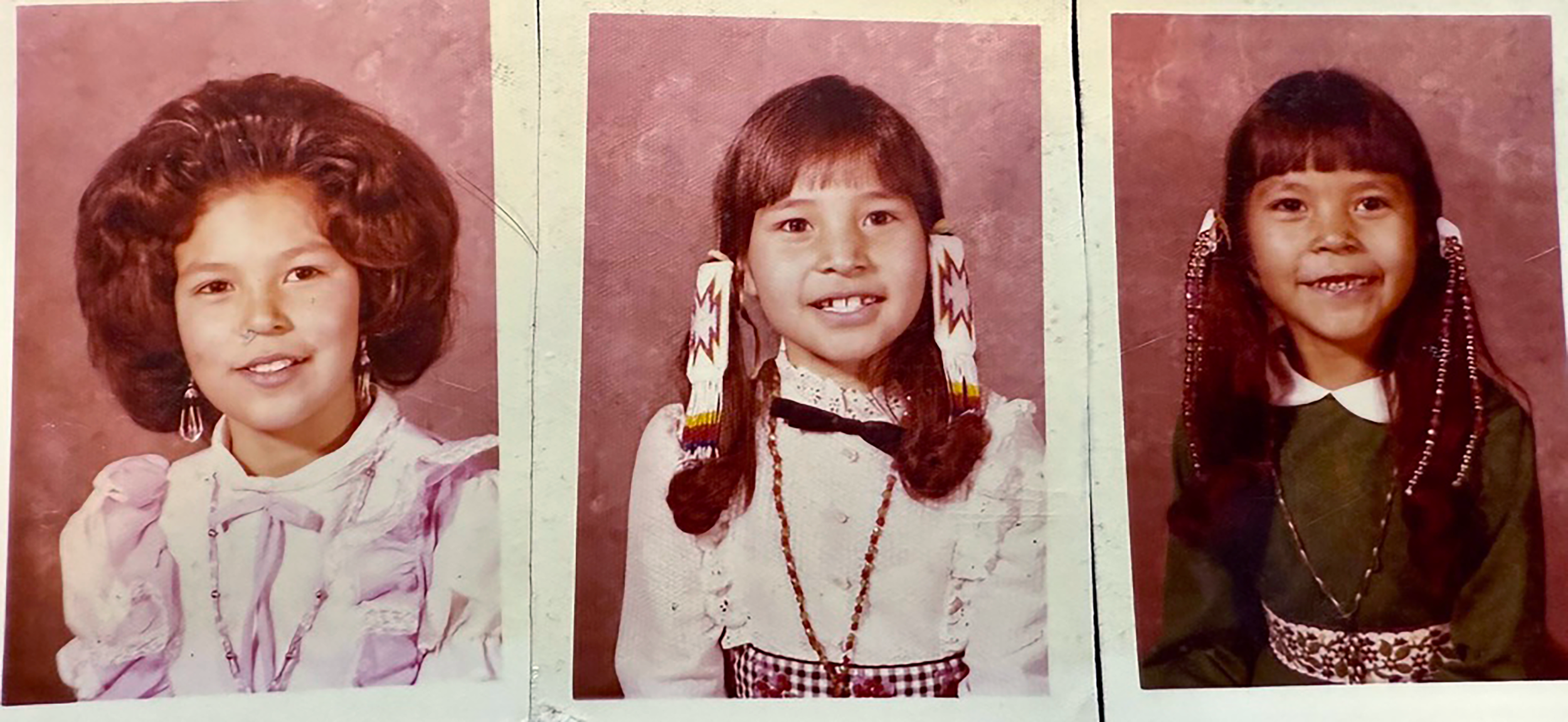 A set of three school portraits of young girls in vintage style, wearing different outfits and hairstyles, against a maroon background.