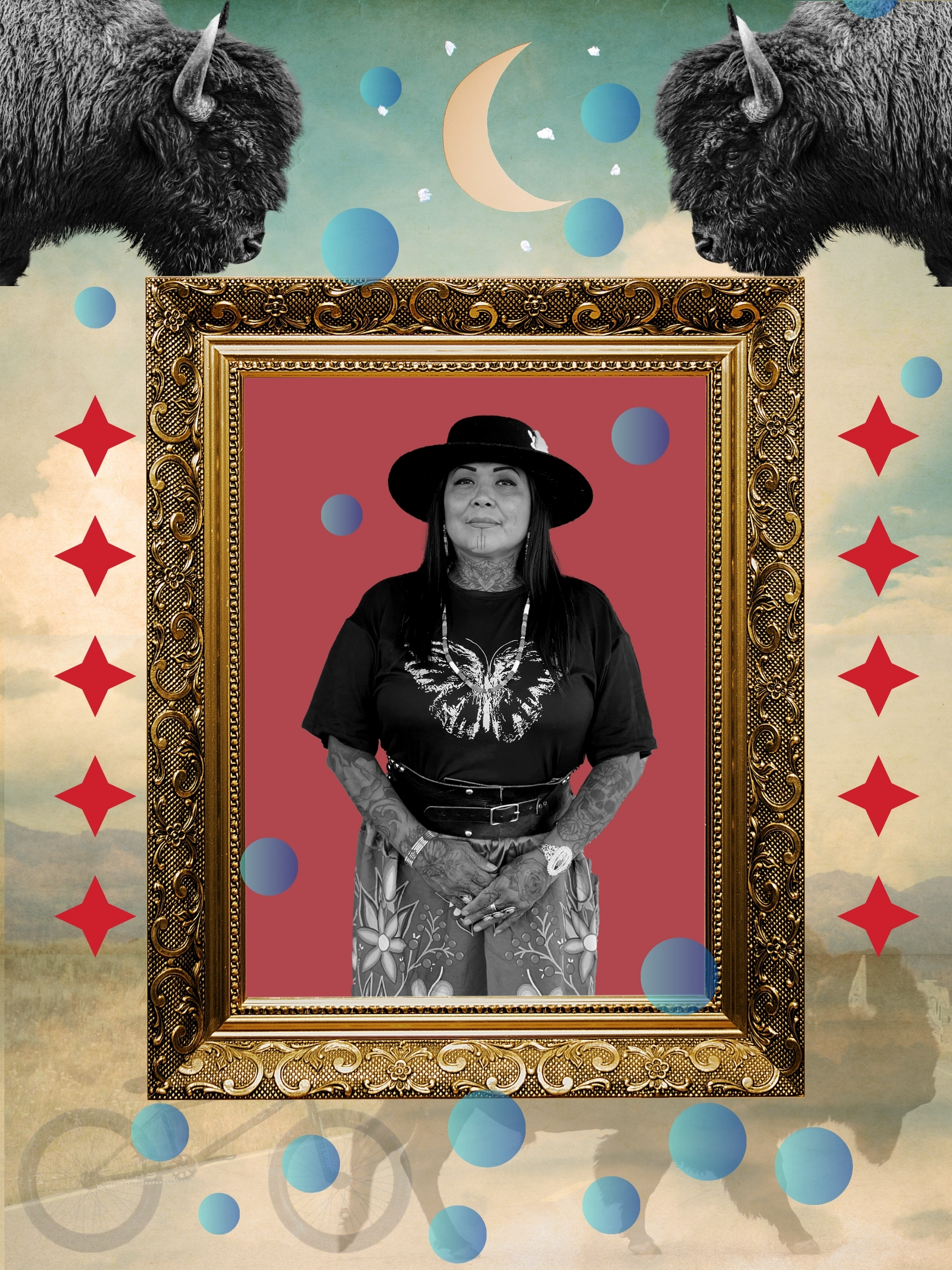 A collage featuring two bison facing each other at the top, a woman with tattoos and a black wide-brimmed hat in the center, and a background with stylized clouds, moon, blue circles, red stars, and faint bicycles at the bottom.