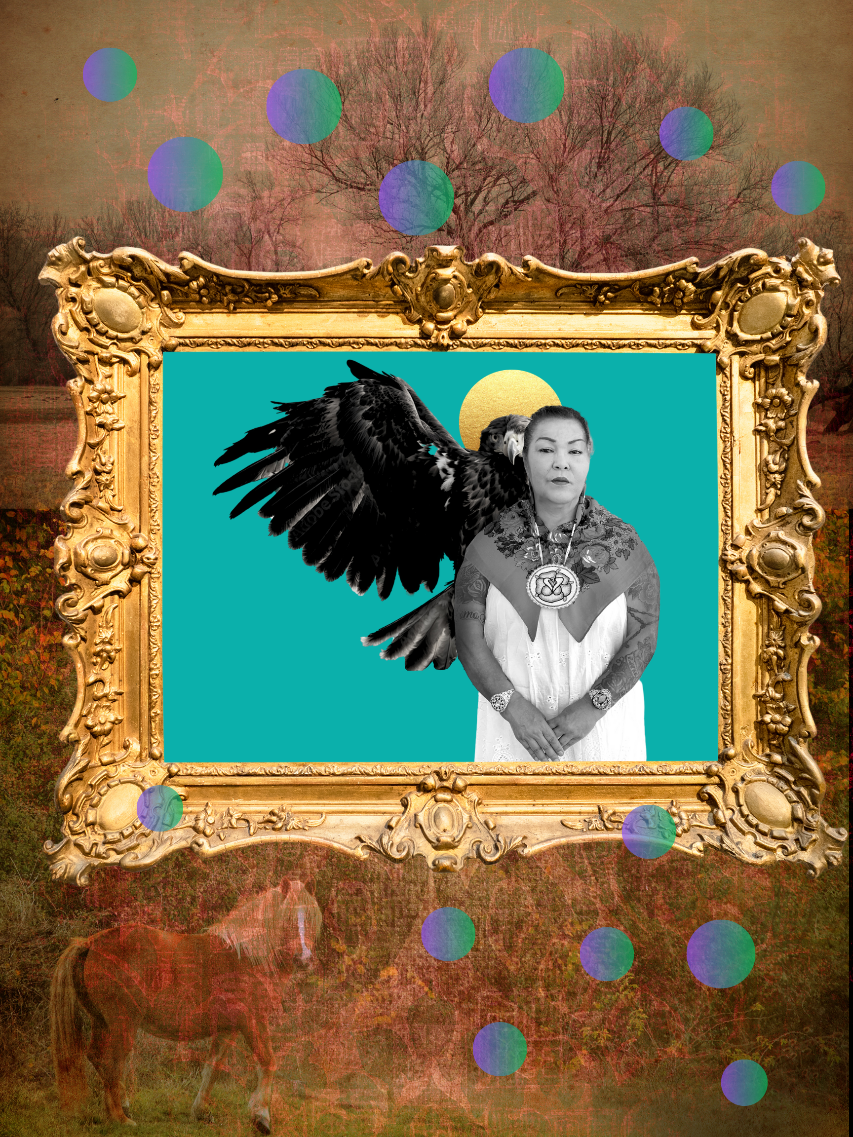 A digital collage featuring a large ornate gold frame with a black and white photograph of a woman inside it. The woman wears traditional jewelry, a floral shawl, and has tattoos on her arms. Behind her are black eagle wings and a golden circle resembling a sun or moon. The background is a landscape with trees and a cloudy sky, overlaid with a textured reddish-brown layer and dots of purple and green colors.