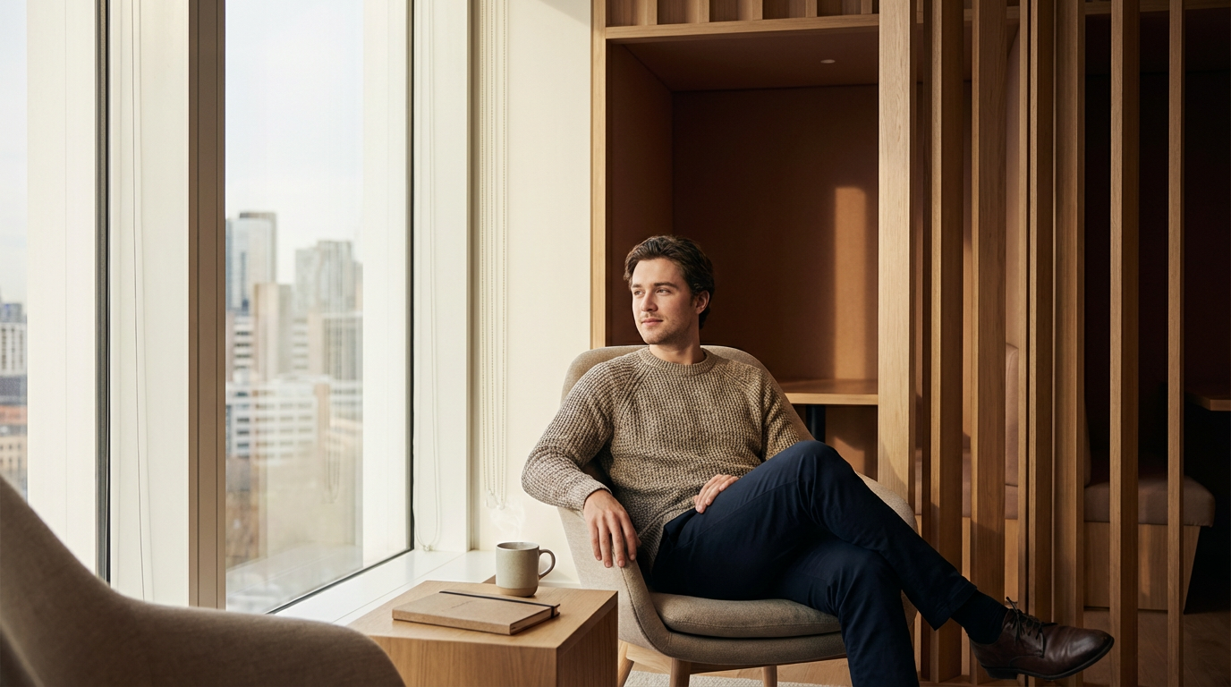 Person seated by a window in a quiet coaching setting.