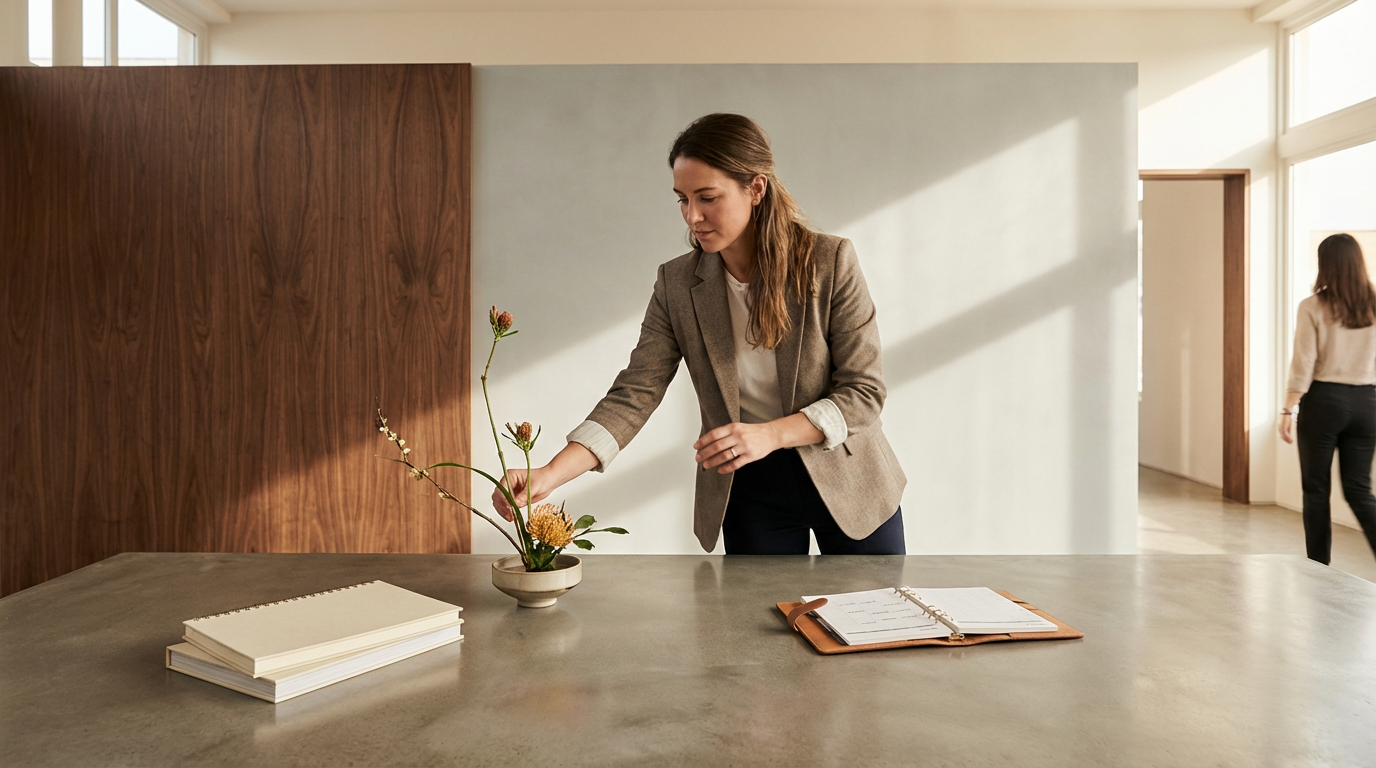 A woman in a beige blazer arranging flowers in a white vase on a concrete table in a modern office.