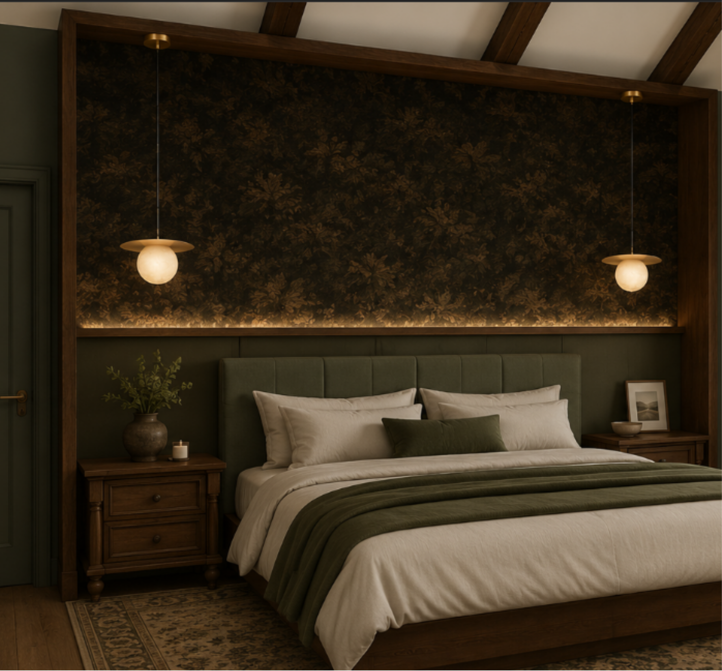 A bedroom with a bed that has a green headboard, white and beige bedding, and a green blanket. There are two wooden nightstands on each side of the bed, each with a vase with plants, a candle, and a framed picture. The wall behind the bed is decorated with dark floral wallpaper and has two hanging pendant lights with round white globes. The ceiling has wooden beams.