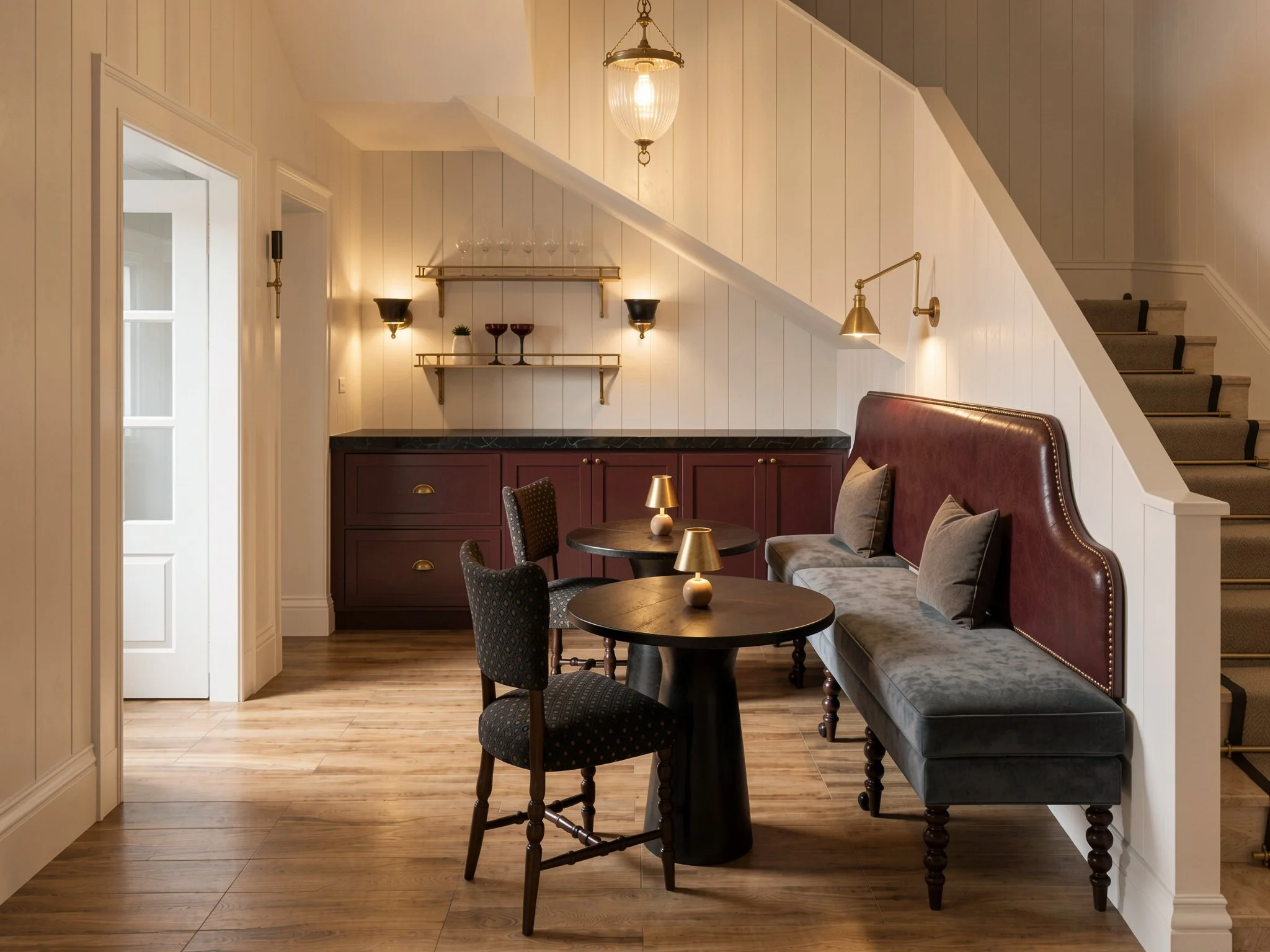 Interior of a living space with wood flooring, a small round black table with two chairs, a velvet couch with pillows, wall-mounted lamps, and wooden stairs leading upwards. There are decorative shelves on the wall with glasses, bowls, and small plants, and a hanging light fixture.