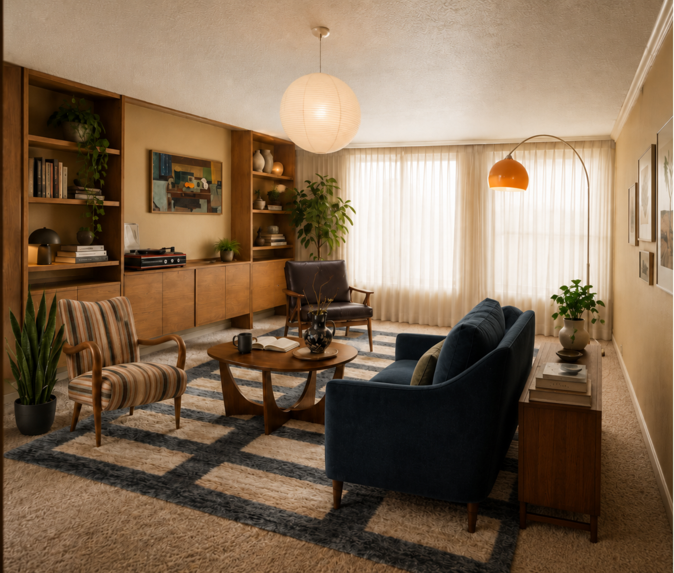 A cozy living room with wooden shelves, a brown leather armchair, patterned upholstered chairs, a coffee table with decorative items, houseplants, framed art on the wall, and soft natural lighting through draped curtains.