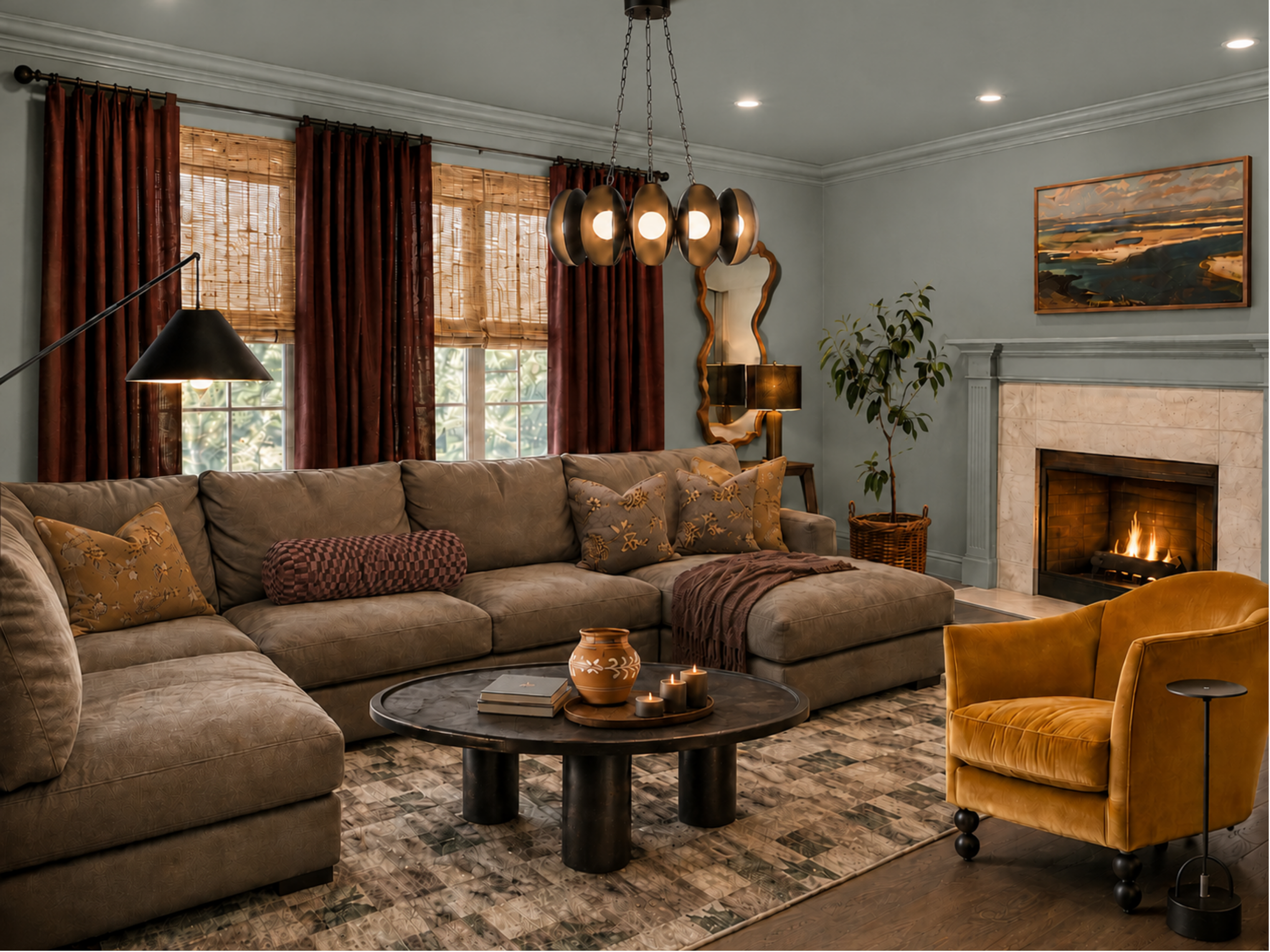 A cozy living room featuring a large L-shaped beige sofa with decorative pillows, a round black coffee table with candles and books, a yellow velvet armchair, a fireplace with a painting above it, curtains and bamboo blinds on windows, a modern chandelier, a floor lamp, a mirror, and a potted plant.