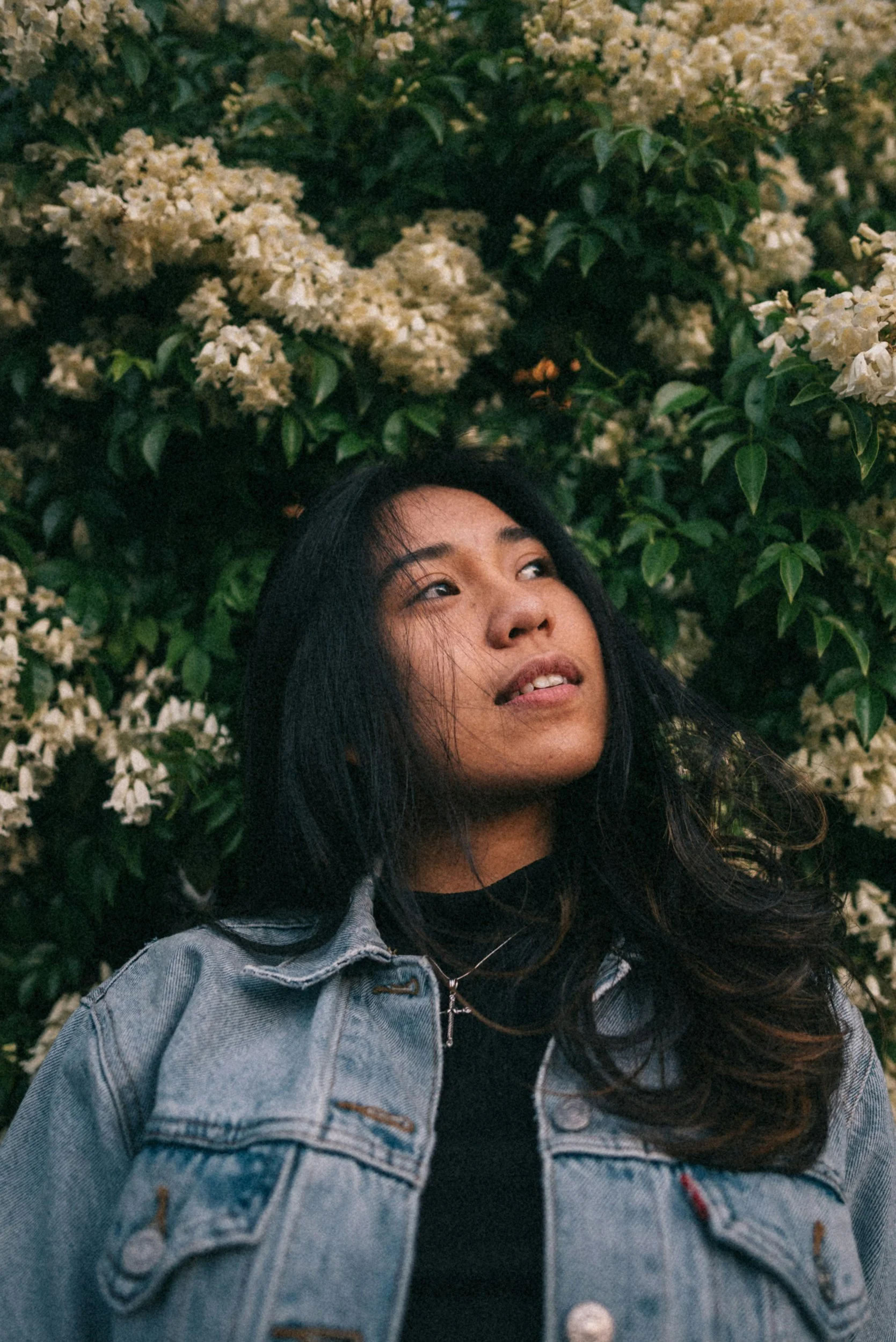 A young woman with long black hair and tan skin, wearing a denim jacket, is standing in front of a lush green bush with white flowers, looking slightly upward and to her right.