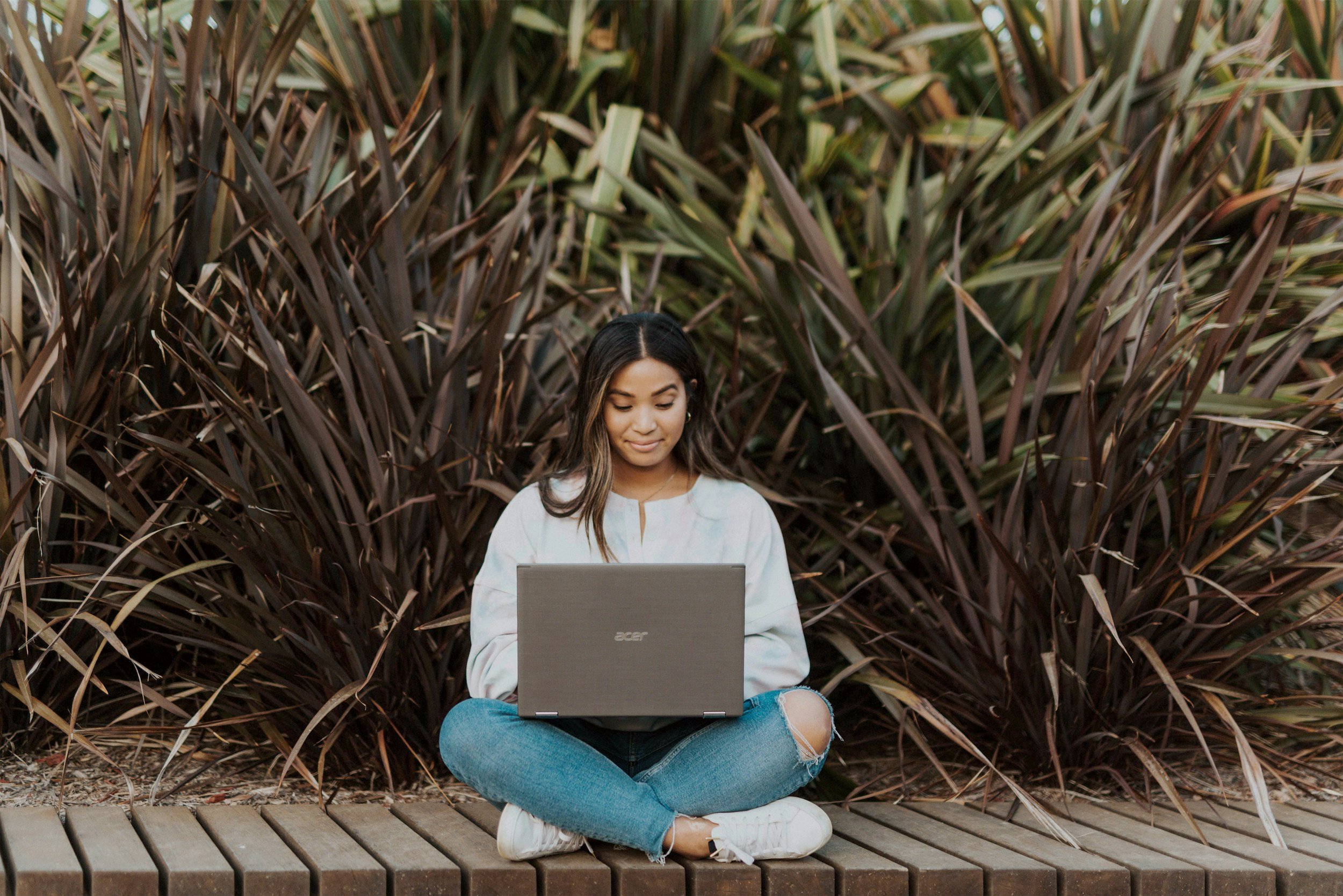 A young woman with long hair sitting cross-legged on a wooden dock, using a laptop, surrounded by tall brownish-red plants.
