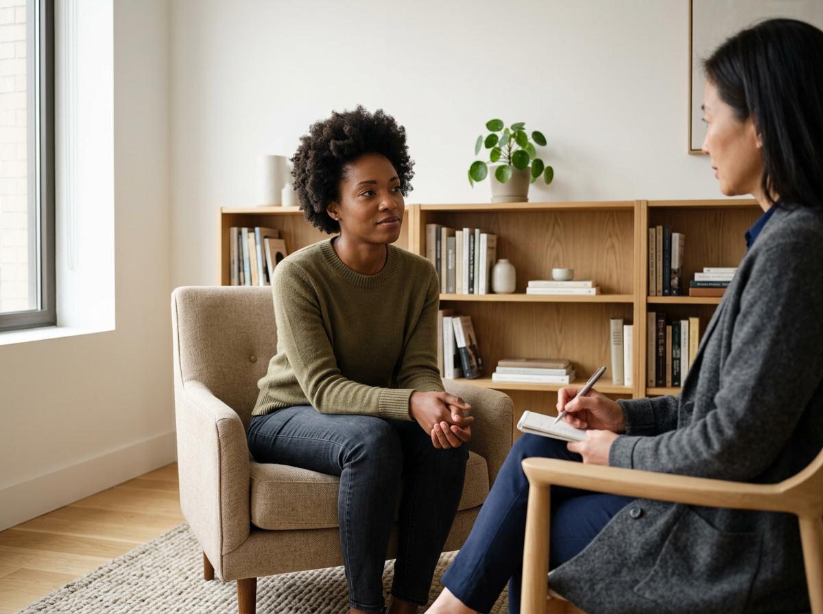 A woman with curly hair in a green sweater sitting on a beige armchair, talking to a woman with straight black hair in a grey blazer who is taking notes on a notepad. They are in a room with a wooden bookshelf and a window.
